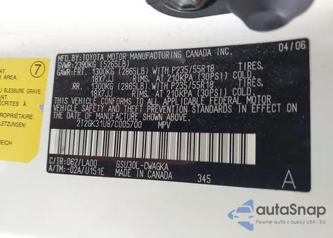 2007 Lexus Rx 350 z USA, uszkodzony, nr VIN 2T2GK31U87C005700